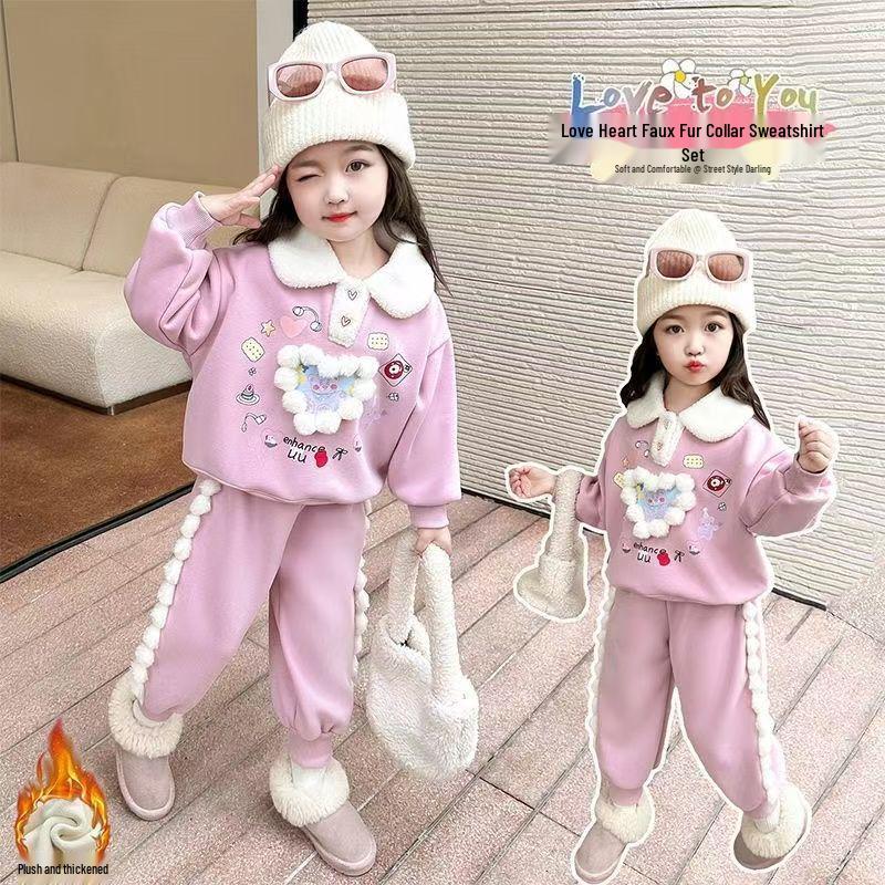 2024 Korean-Style Fleece-Lined Sweatshirt Set for Girls - Winter Fashion