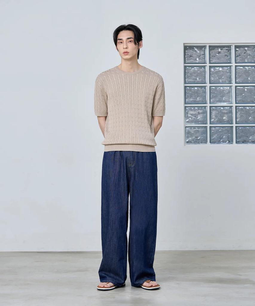 AGOD Cotton Modal Washable Crew Neck Cable Knit [Beige]