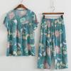 Хлопковый шелковый комплект с короткими рукавами для женщин среднего и пожилого возраста, летний тонкий топ, крутые домашние капри
