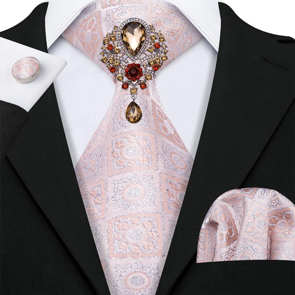 Barry.Wang Paisley Tie with Brooch for Men Wedding Formal Silk Necktie Hanky Cufflink Set