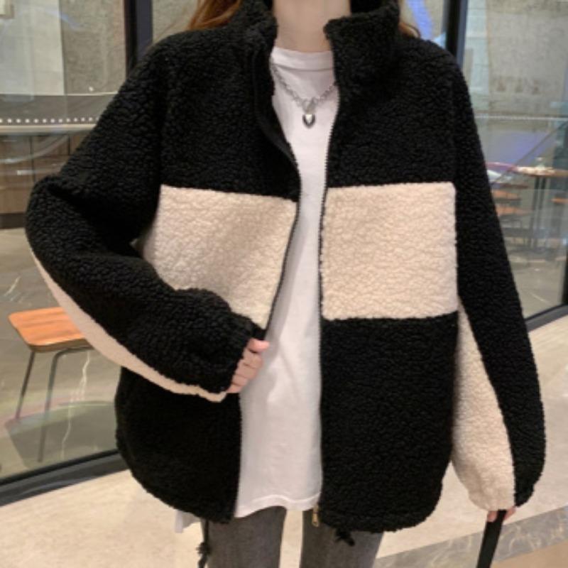 Куртка из искусственной овечьей шерсти, женская, осень-зима, модная, универсальная, свободная, короткая, с воротником-стойкой, повседневная, свободного кроя, топ