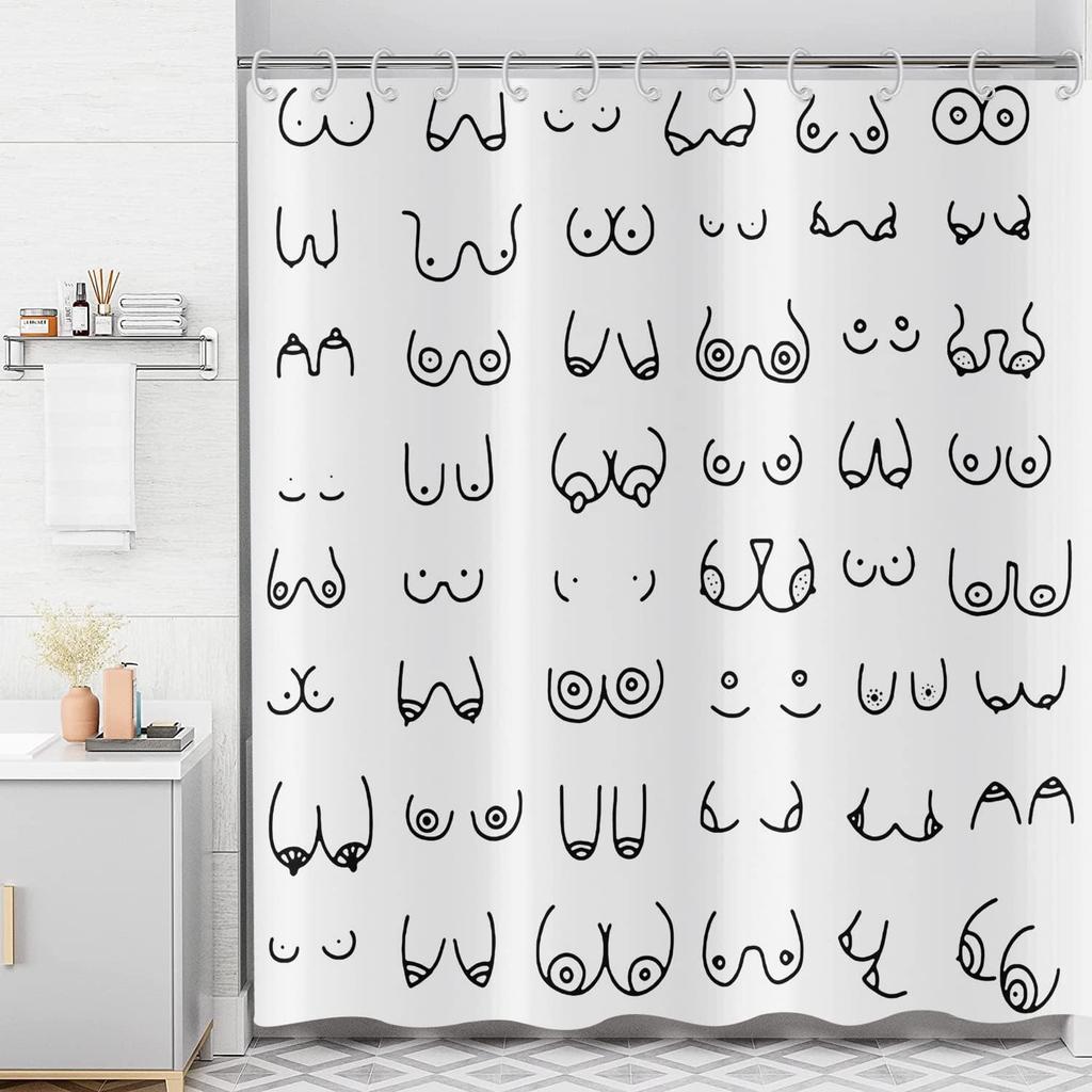 Black Shower Curtain 180x 210cm, Modern Fun Graffiti Line Washable Bathroom Decoration Textile Shower Curtain