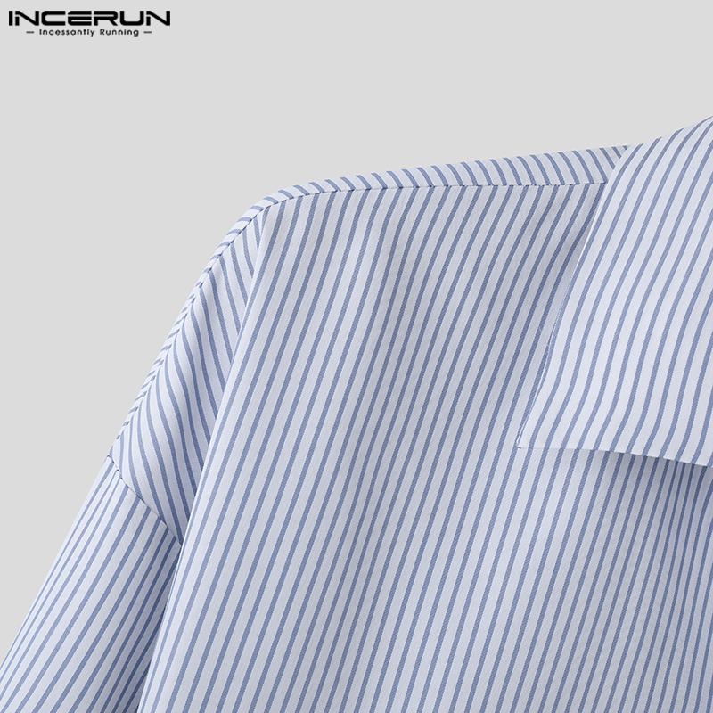 INCERUN Men Lapel Striped Front Cross Long Sleeve Shirts Loose Casual Tops