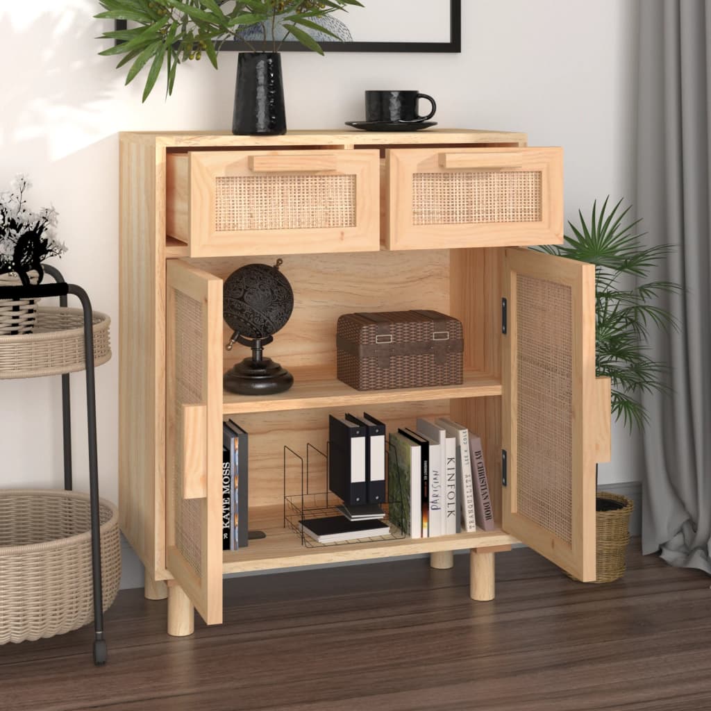 Sideboard in Brown 60 x 30 x 75 cm Solid Pine Wood and Natural Rattan