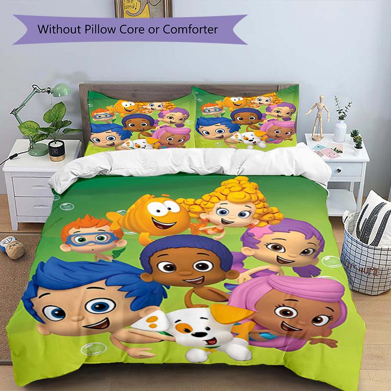3pcs Bubble guppies Design Cover Set - HD Printed Bedding with 1 Cover and 2 Pillowcases - Perfect for Home and Dorm Decor
