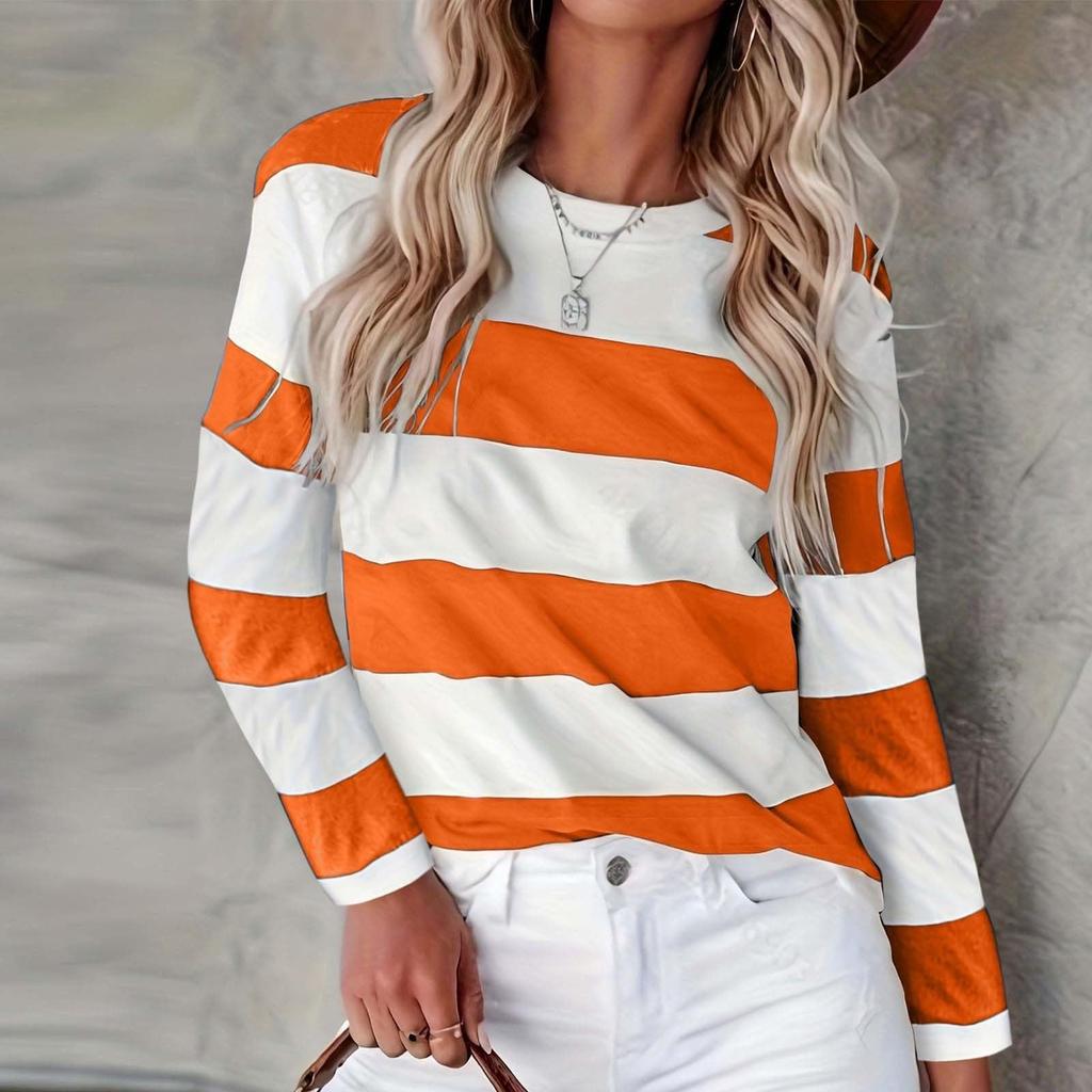 Women's Fashion Casual Striped Printed Round Neck Long Sleeve T-shirt Top