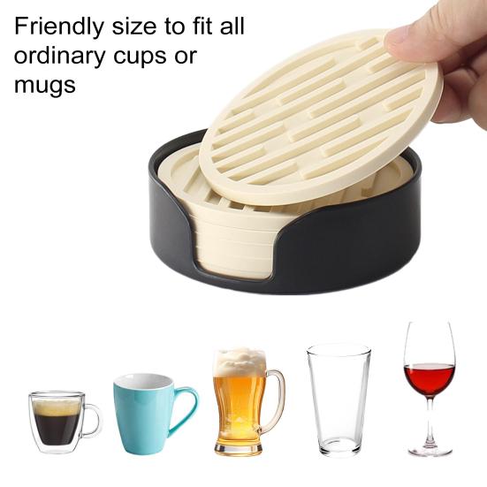 6Pcs Silicone Coasters Set with Holder Non-Slip Cup Mat Drinks Desk Home Decor Tabletop Protection Round Hot Cold Drink Coasters for Wood Glass