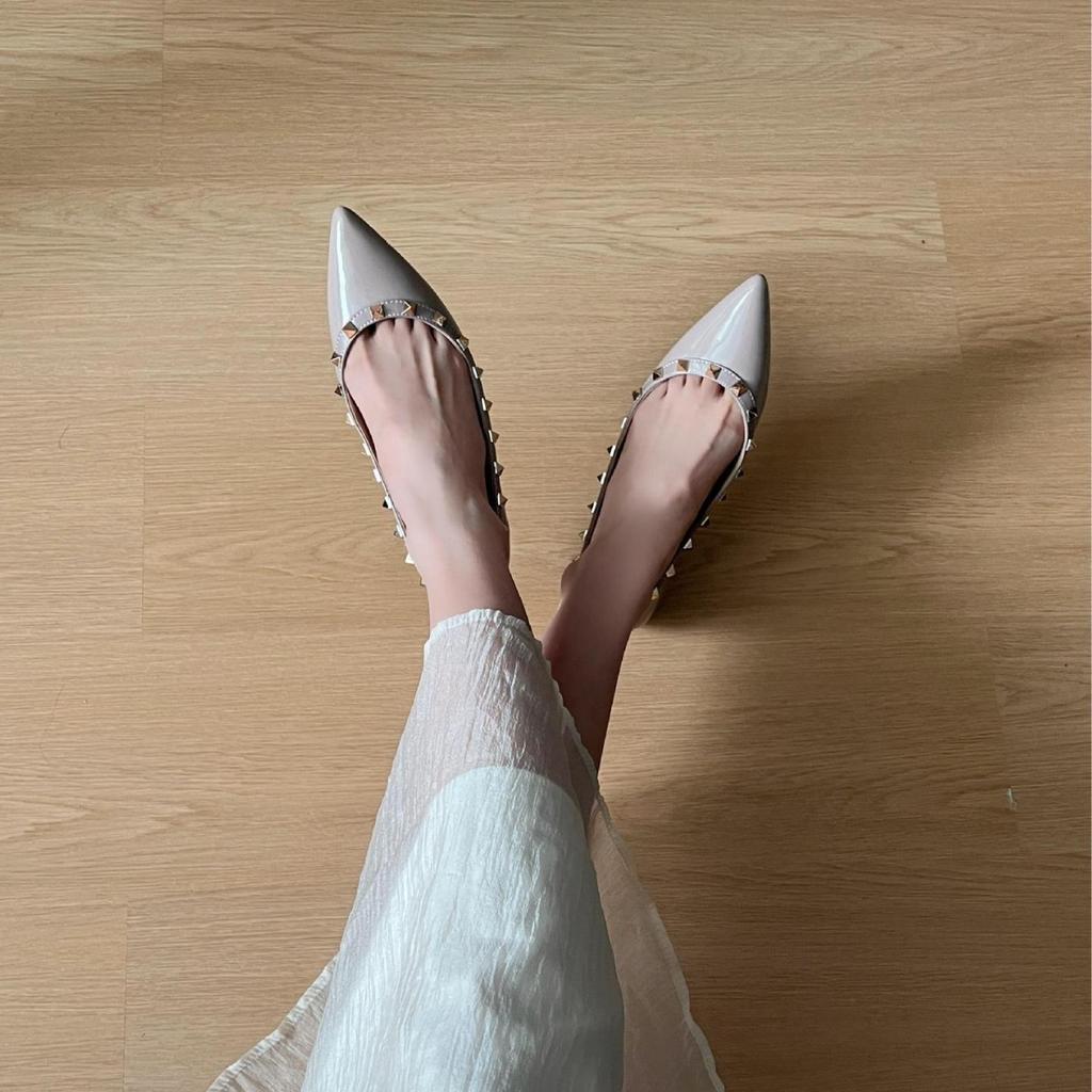 Sheepskin Version Inner Height Increase of 5 Cm Rivets Light Mouth Nude Pointed French Temperament Single Shoes Women's Versatile Shoes
