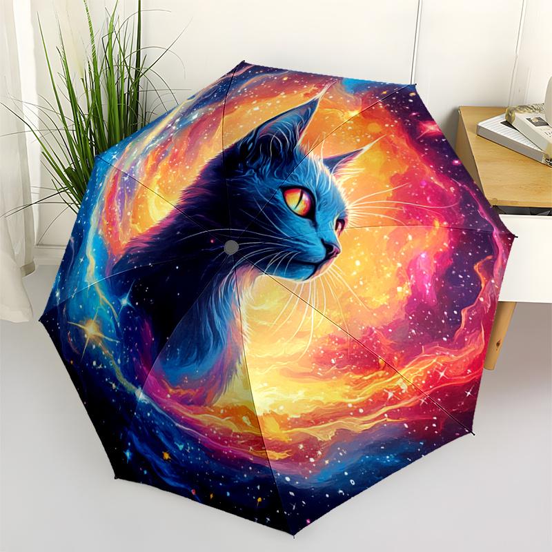 1pc Cosmic Cat Umbrella with Blue Cat & Stars Design - Automatic Folding, 8-Rib Sturdy Frame, Portable Travel Umbrella for Men