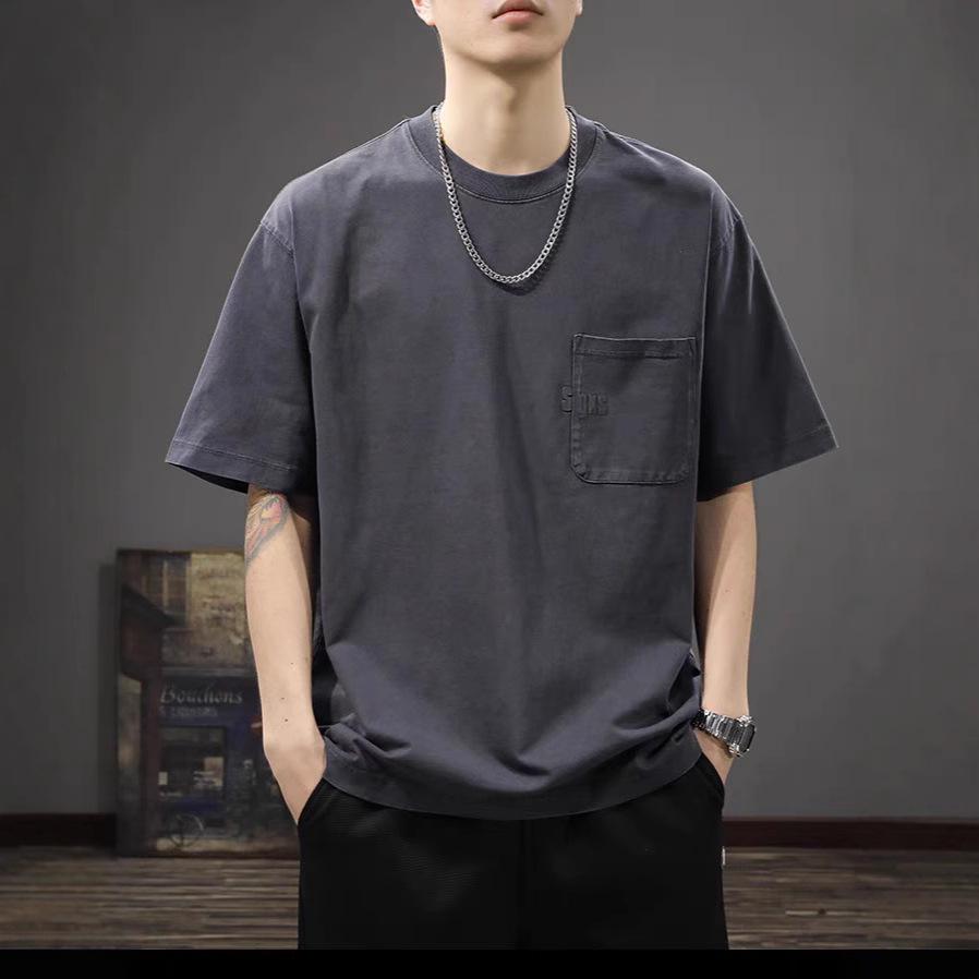 Мужская винтажная футболка из выстиранного хлопка - Ретро, Тяжеловесная, Рубчатый вырез горловины, Короткий рукав, Свободный крой