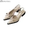 Bow Women Sandals Pointed Toe High Heels Shoes Woman Slippers 2025 Trend Slingback Pumps Summer Shallow Dress Sandalias De Mujer