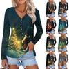 Women's Fashion Casual Long Sleeve Christmas Printed V-Neck Button Top