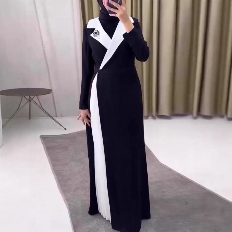 Winter Womens Fashion Color Block Pleated Long Dress A Line High Waist
