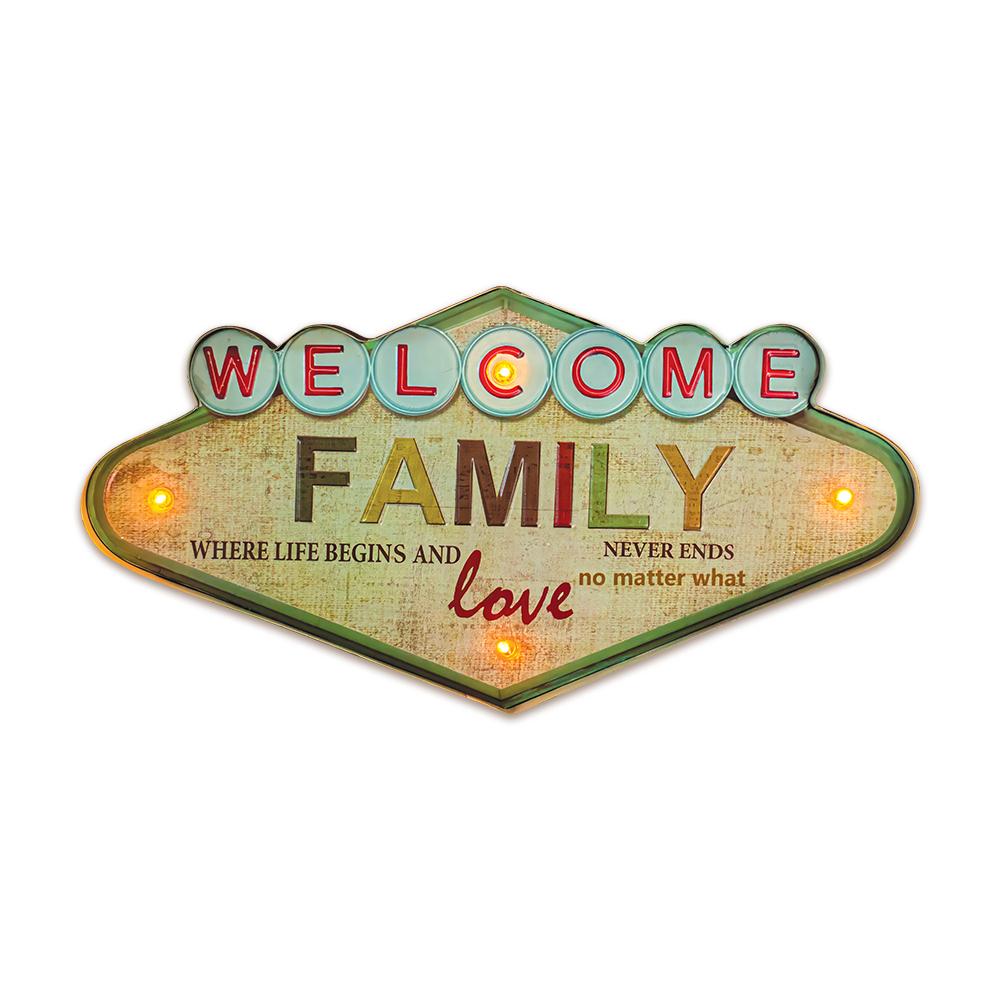 Znak Metalowy Retro Led Welcome Family Forever Light