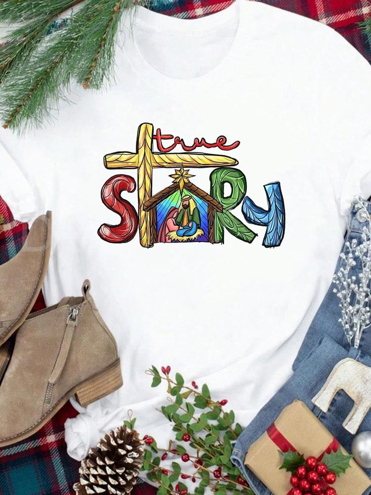 (Азиатский размер) Футболка Новогодний праздник милый стиль письма Счастливого Рождества Топ фестиваль Повседневная Женская Принт Леди Короткий рукав Модные Графические футболки