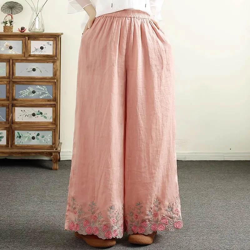 Женские брюки из конопли с вышивкой, повседневные, однотонные, свободные, больших размеров, широкие брюки