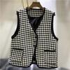 Ретро жилет в гусиную лапку для женщин Весна и Осень Новый стеганый V-образный вырез на пуговицах Без рукавов Модная куртка Топ