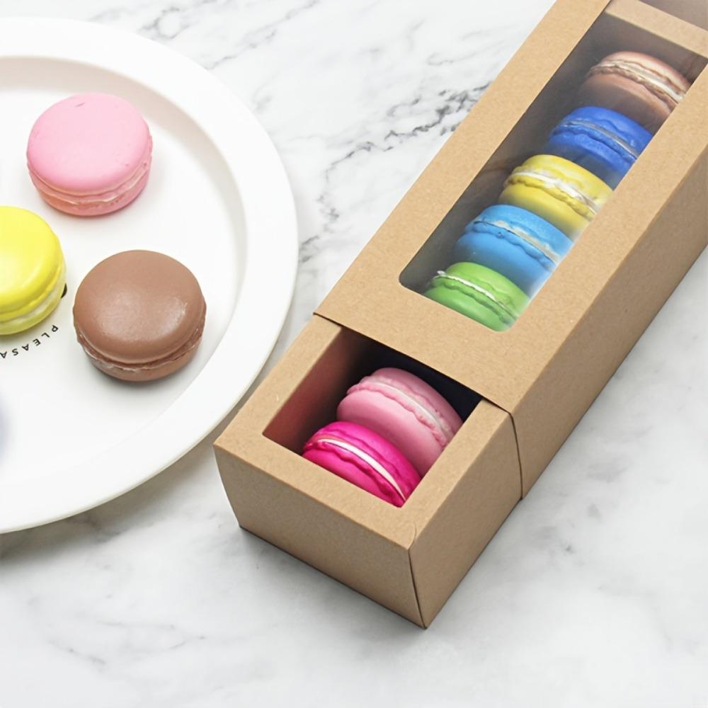 12pcs Macaron Packing Box Transparent Window Kraft Paper Dessert Packaging Box Cookies and Cakes Drawer Box Party Candy Gift Box Gift Party Supplies