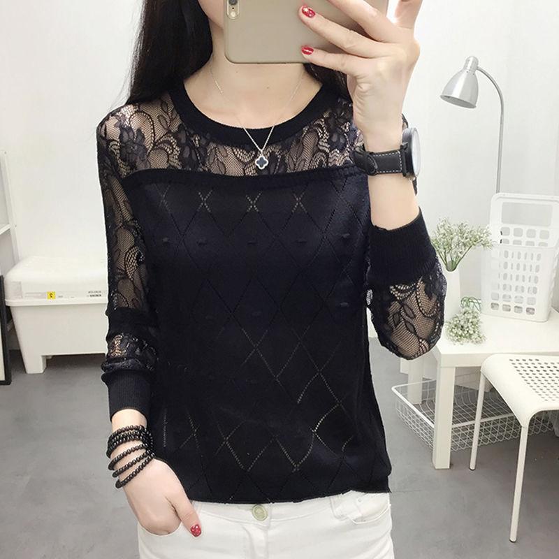 Кружевная основа рубашки женская футболка с длинным рукавом свободный и универсальный весенний трикотаж женский тонкий топ