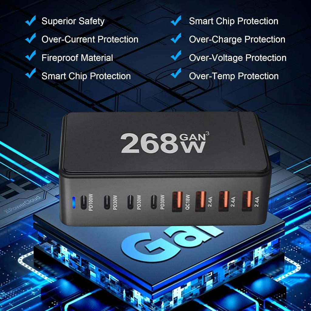 Новое быстрое зарядное устройство Gan USB C мощностью 268 Вт, 6-портовая зарядная станция-концентратор, быстрое компактное зарядное устройство GaN, адаптер питания, совместимое с M