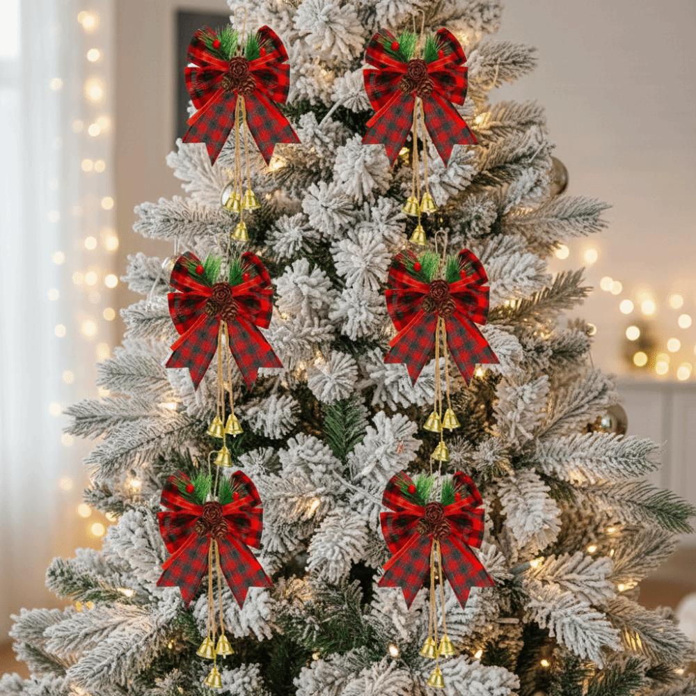 6Pcs/Set Buffalo Plaid Christmas Bows Hanging Ornament Christmas Tree Decoration