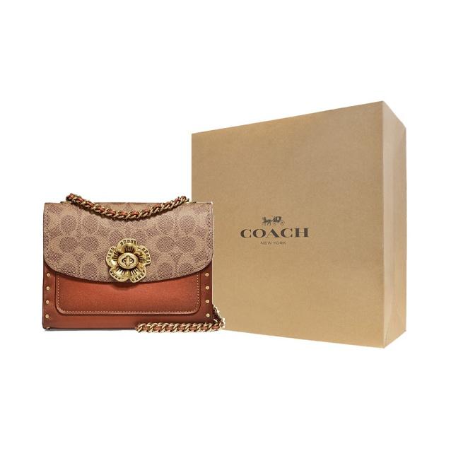 Coach Parker 18 Studded Camellia Chain Flap Shoulder Bag Coated Canvas And Calfskin Crossbody Bag Small Women Shoulder Bag Khaki Brown 30592-B4RU