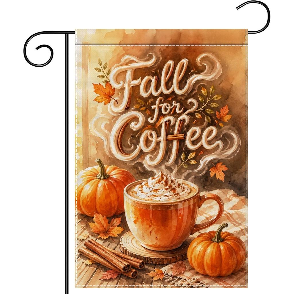 Fall for Coffee Garden Flag Double Sided Pumpkin Coffee Outdoor Yard Decor Farmhouse Rustic Polyester Seasonal Lawn Flag for Fall Thanksgiving Home D