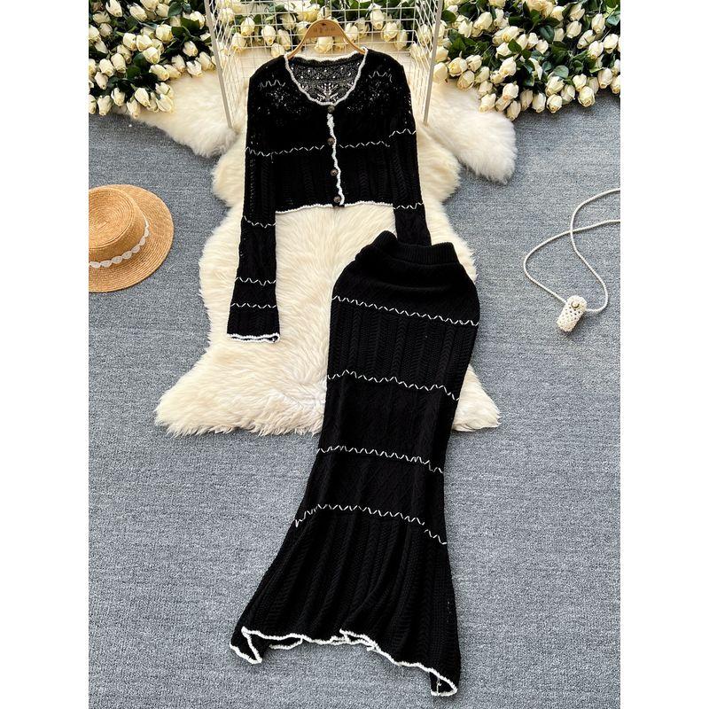 Кардиган-верхняя одежда в нежном французском стиле с ажурной вязкой + Облегающее платье-футляр с юбкой-годе, комплект из двух предметов