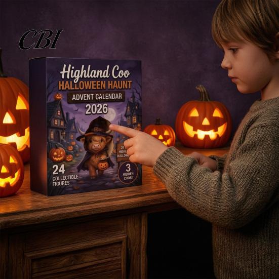 Stocking Stuffers for Kids Halloween Highland Cow Advent Calendar, 24 Days Surprise Countdown Calendar with Souvenirs Mini Acrylic Ornaments,