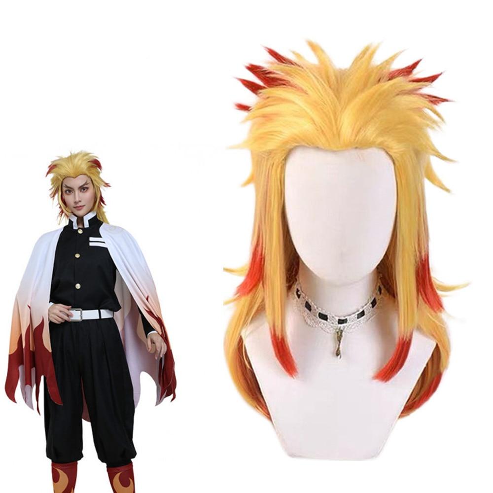 Аниме 47 см Demon Slayer Rengoku Kyoujurou, блондинка, парик с эффектом омбре, карнавальный костюм для мужчин и женщин, термостойкие парики из волос с хвостиком