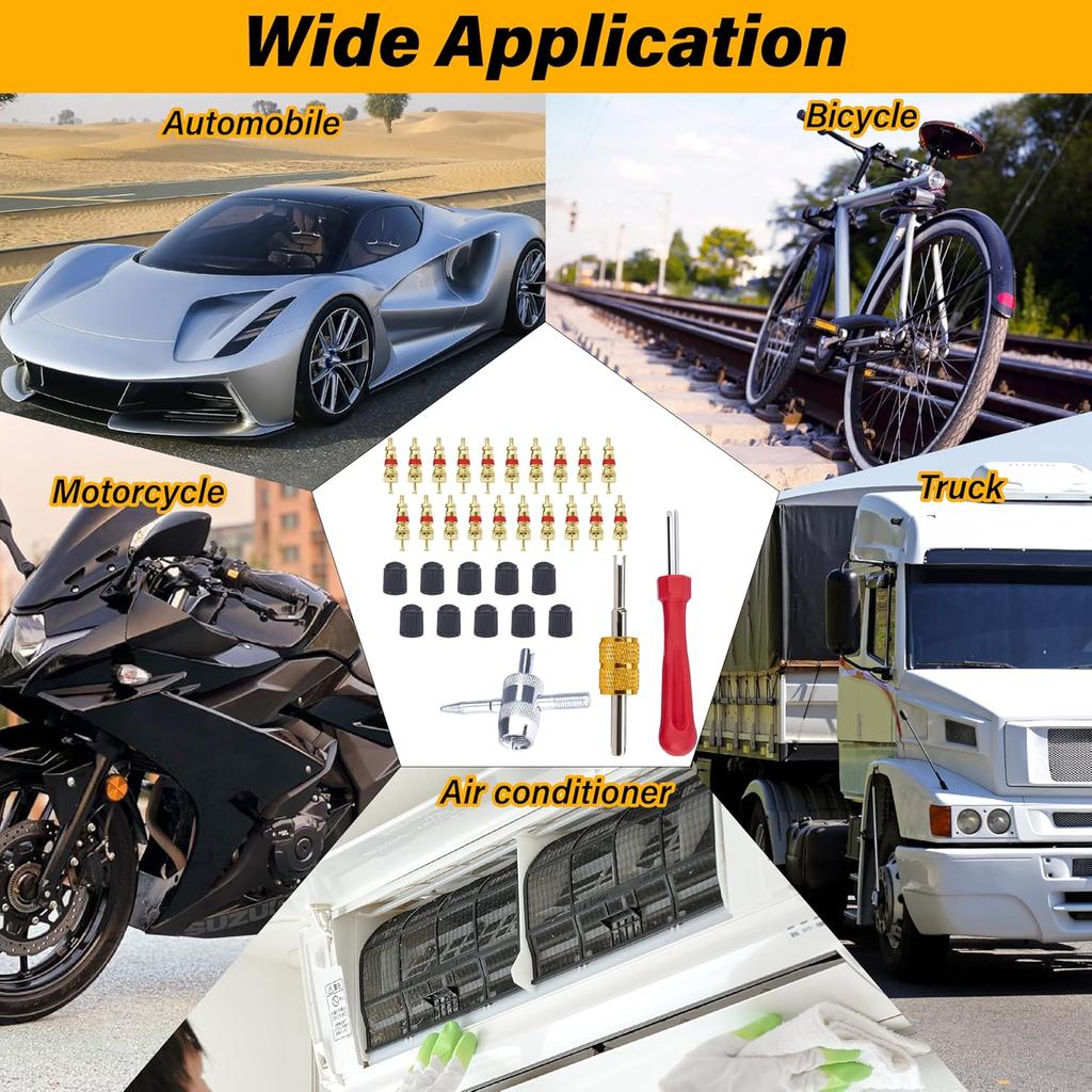 2 PCS Tire Valve Stem Removal Tool with 20 PCS Valve Cores, 10 PCS Tire Valves Caps, 1 PCS 4-Way Valves Tool, Car Accessories Tires Repair Tools