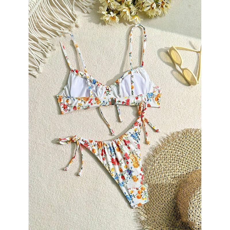 Пляжные купальники женские цветочные принты бикини комплект пуш-ап бюстгальтер раздельный комплект летние из двух частей сексуальные бикини