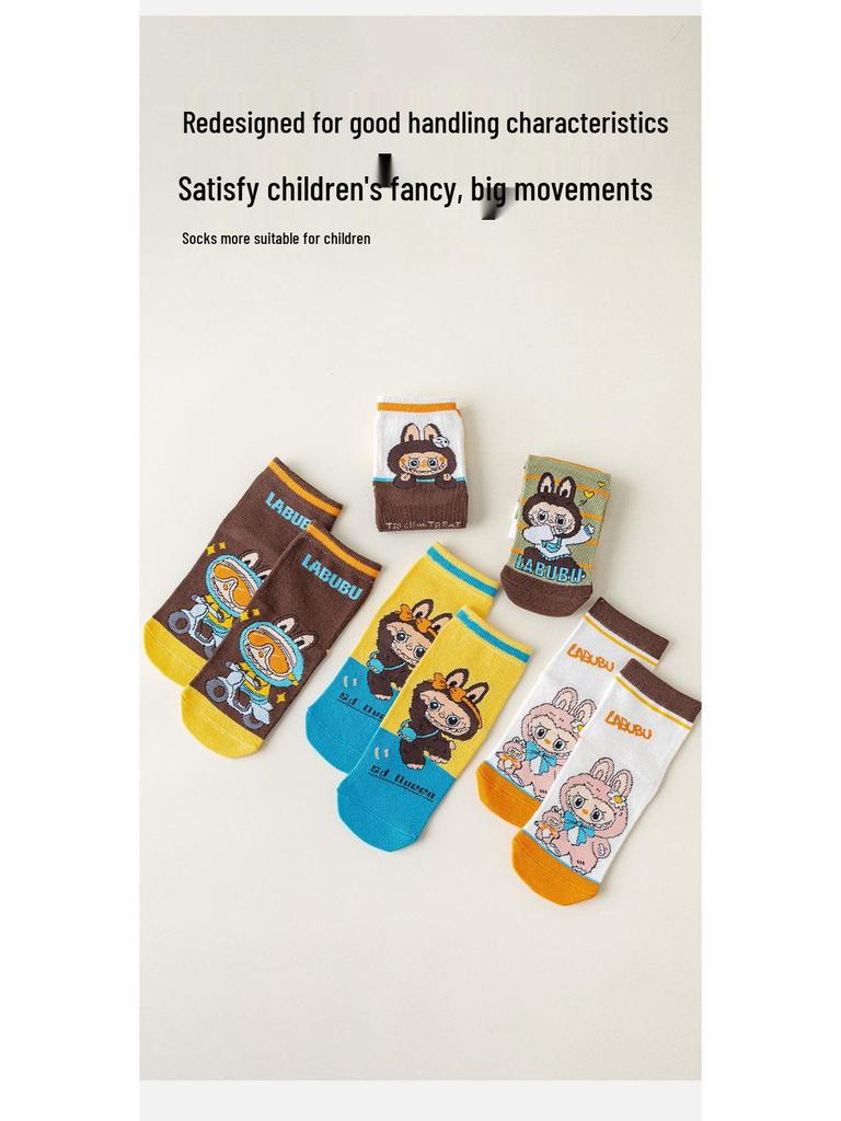 Детские хлопковые носки до середины икры с мультяшным рисунком Labubu - Устойчивые к запаху для весны, осени и зимы