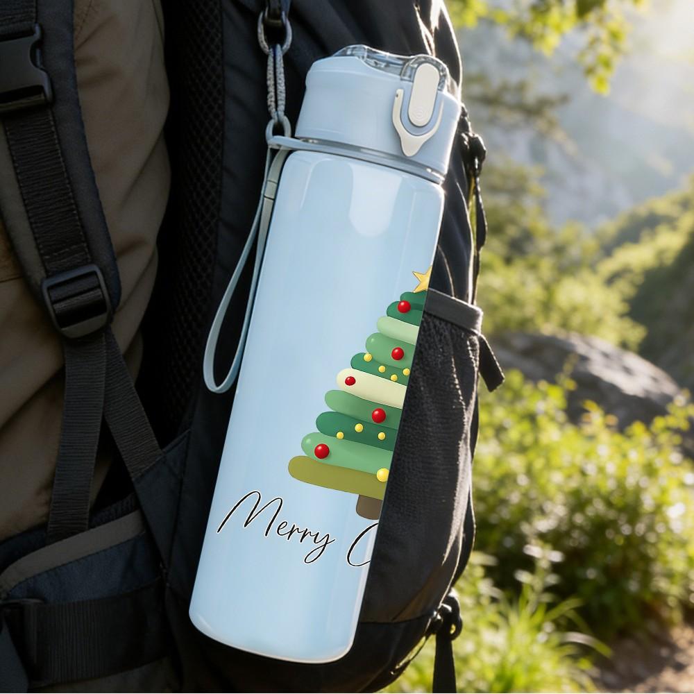 1PC Simple Christmas Tree Text 750ml Color Plastic Sports Water Bottle Leakproof Flip Straw Lid Suitable for Sports Office Home Use