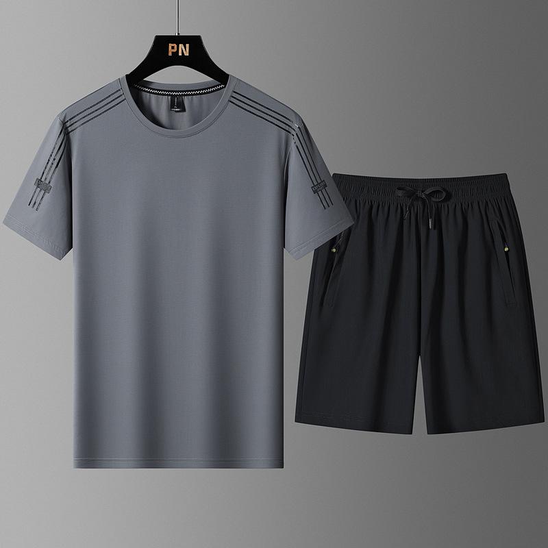 Очень большой летний спортивный костюм мужской ледяной шелк тонкий с коротким рукавом мужские шорты быстросохнущий красивый комплект из двух предметов