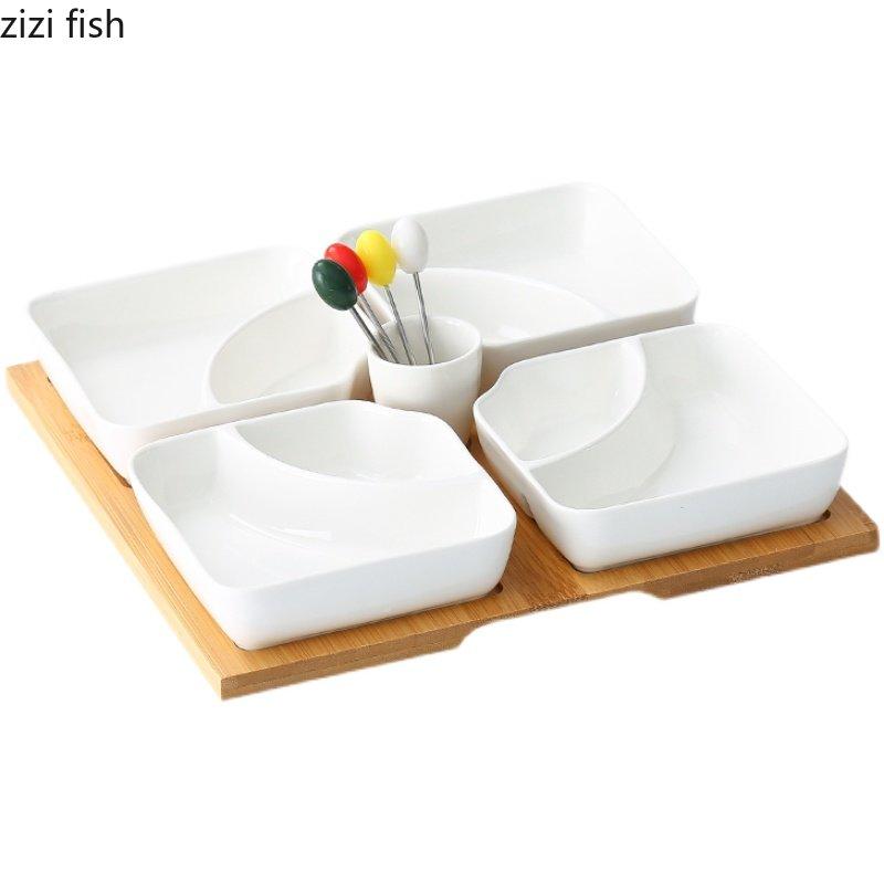 Многосекционная керамическая тарелка для фруктов Деревянный поднос Тарелки для закусок Десертные тарелки Домашняя посуда Поднос для сухофруктов Орехов Конфет Кухонные принадлежности