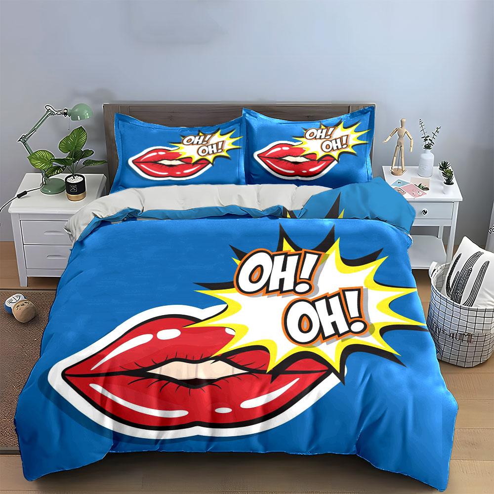 Red lips and "Oh!" Bedding sets Duvet cover sets Duvet covers Pillowcases(1*Duvet Cover 2*Pillowcases without duvet insert)