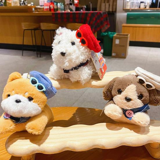 Doll Pendant Multiple Dog Breeds Soft Texture Plush Keychain with Hat Sunglasses Denim Portable Hanging