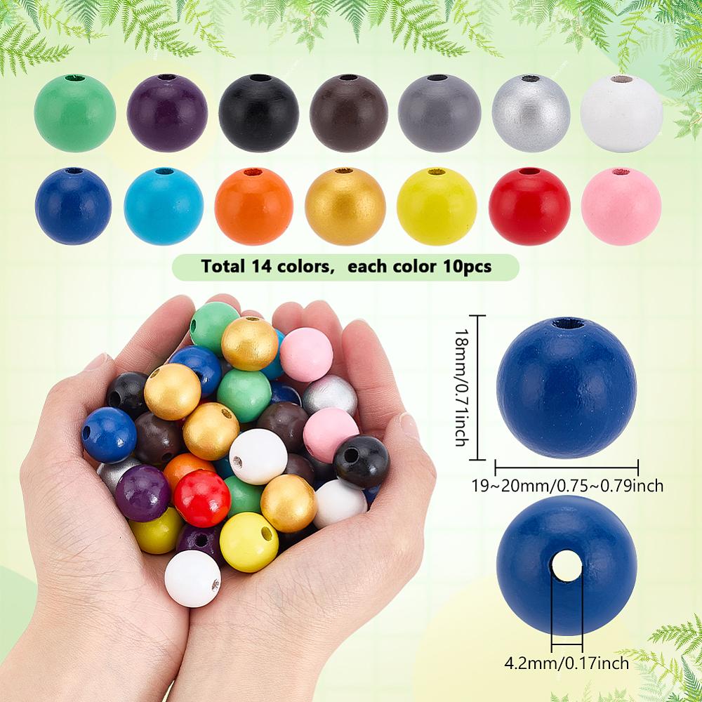 140Pcs 14 Colors Wood Large Hole European Beads Round Mixed Color 19~20x18mm Hole: 4.2mm 10pcs/color
