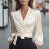 Женские модные повседневные весенне-осенние однотонные блузки и рубашки с v-образным вырезом и длинным рукавом с принтом