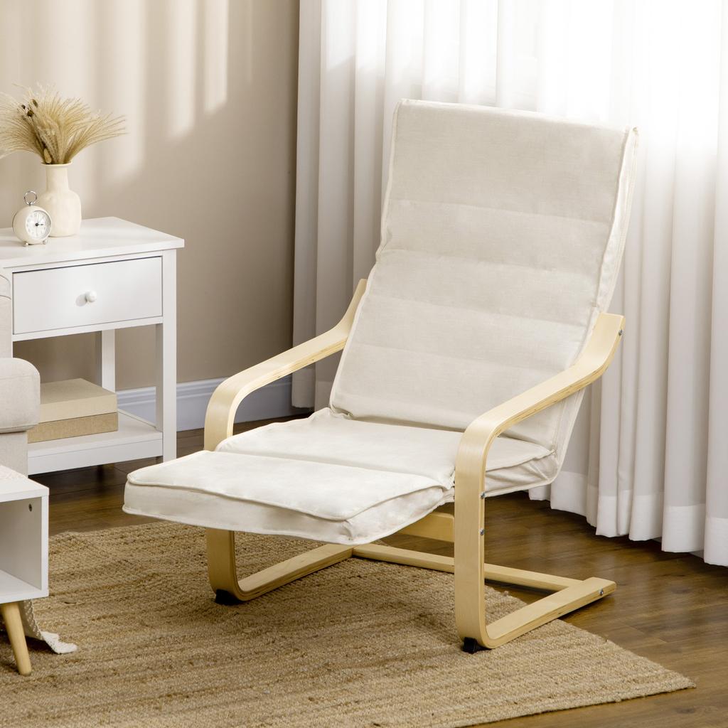 Lounge Chair with Cushion, 5-Level Footrest, Birch Wood, Up to 120 kg, 66.5 x 94 x 100 cm, Cream White