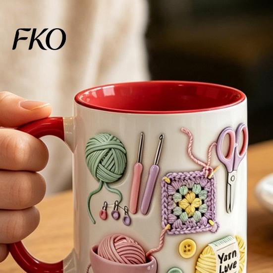 Novelty Coffee Cup Ceramic Mug, with 3D Knitting Pattern Design, Large Capacity Microwave Safe Mug Durable Tea Cup, for Craft Lovers Kitchen
