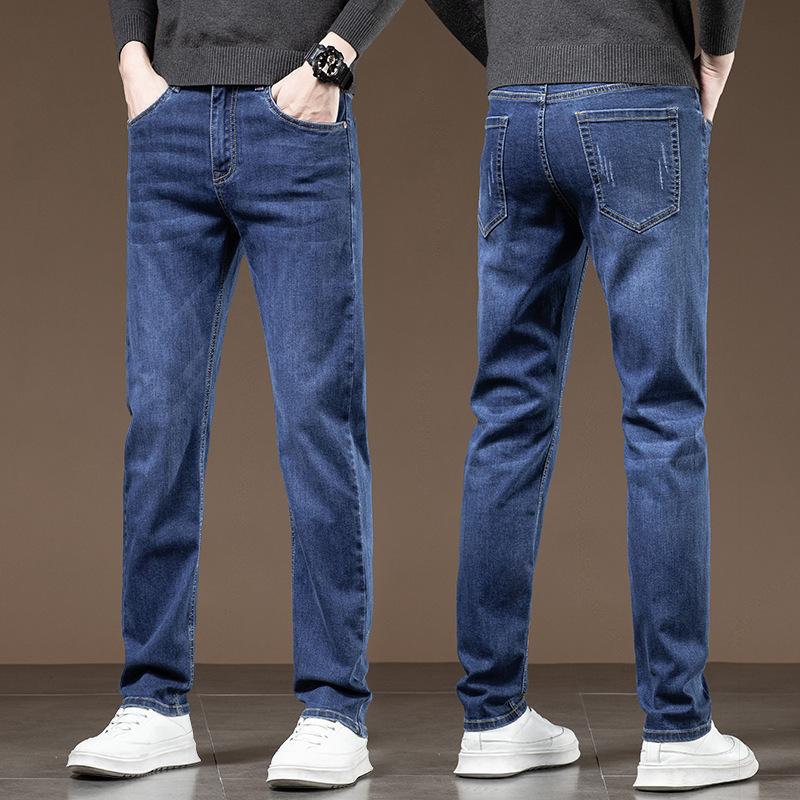 Джинсы Slim Fit Straight Leg, мужские летние тонкие повседневные длинные брюки из денима, модные молодежные универсальные классические синие брюки