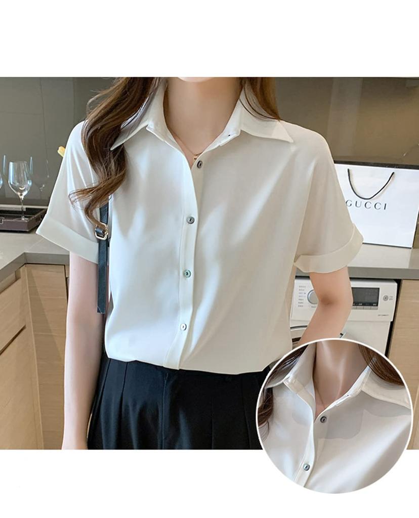 Short Sleeve Loose Large Size [OKJCON] Women's Shirt, Blouse, Chiffon, V-Neck, Office, Summer, Fit, Plain, Stylish, (XL, White)
