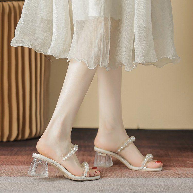 2025 Summer New Versatile Crystal Thick Heel High Heel Sandals Transparent Slippers Women's Rhinestone Pearl Outer One-word Drag