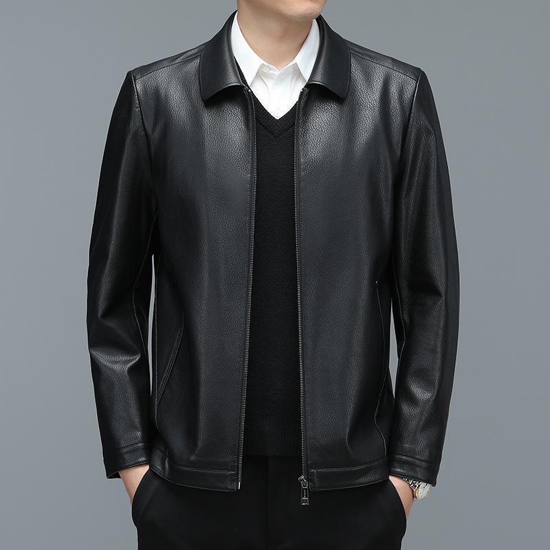 Large Size Middle-aged Men's Lapel Leather Jacket, Casual Dad Wear, Loose Mid-length Coat, Sheepskin Leather Jacket