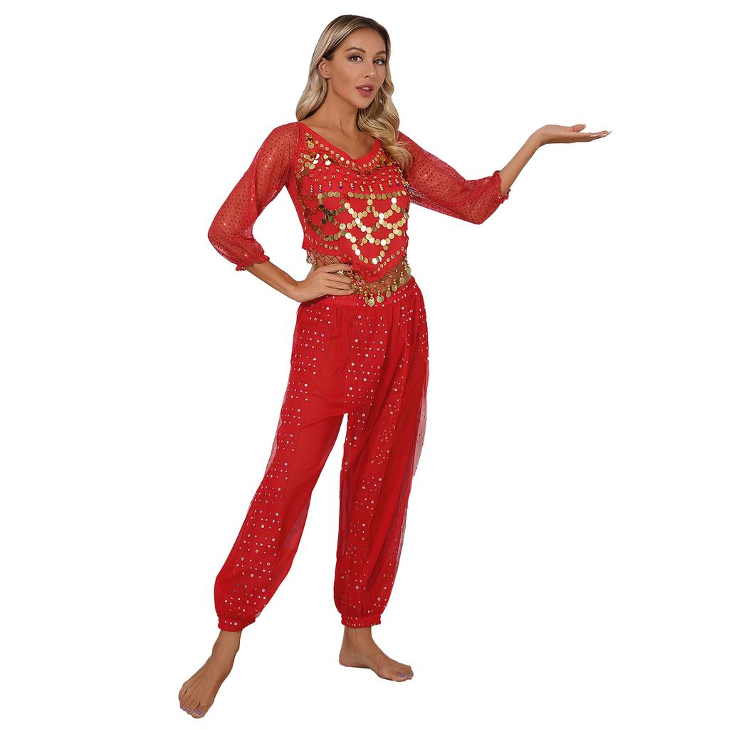 Женский костюм для танца живота, расшитый блестками шифоновый топ с шароварами, завязывающийся сзади дизайн для сценических выступлений