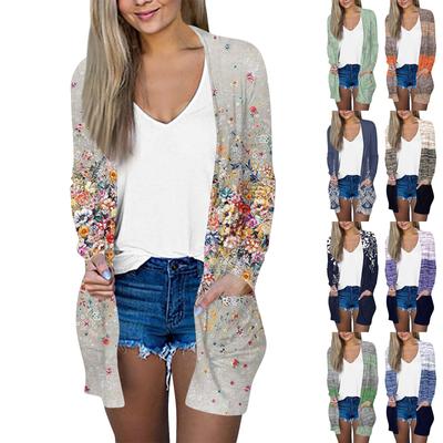 Женская модная повседневная куртка-кардиган с цветочным принтом в стиле ретро с длинными рукавами, средней длины
