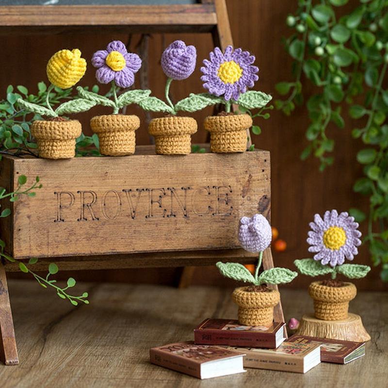 Crochet Knitting Flowers Potted Homemade Crochet Rose Tulip Daisy Office Desktop Ornaments Car Automotive Interior Decoration