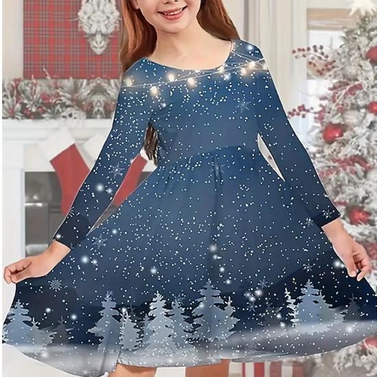 Повседневное платье для девочек с принтом рождественской елки, снежинки, единорога, круглым вырезом и длинными рукавами, детское платье принцессы